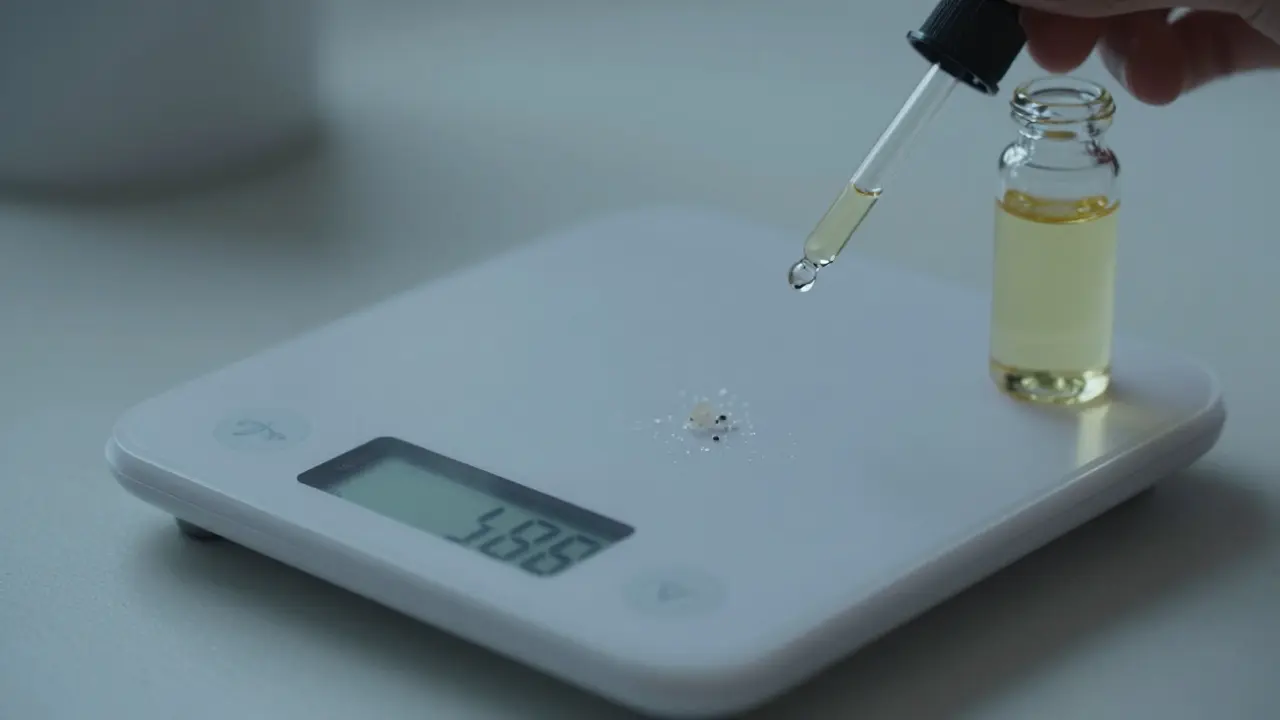 Přesné dávkování CBD shatteru na digitální váze vedle lahvičky s olejem.