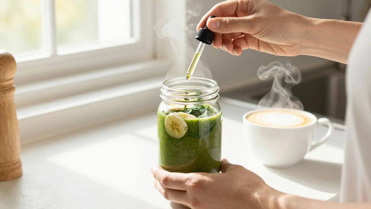 Ruce přidávají kapky CBD oleje do zeleného smoothie na slunečné kuchyňské lince
