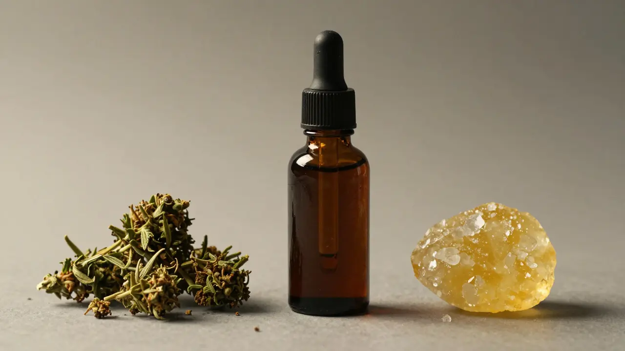 Srovnání sušených konopných květů, CBD oleje a čistého CBD shatteru.