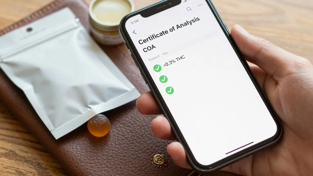 Telefon s certifikátem analýzy vedle balení CBD produktů