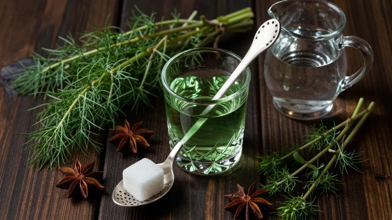 Tradiční příprava absinty: lžička, cukr, byliny a sklenice