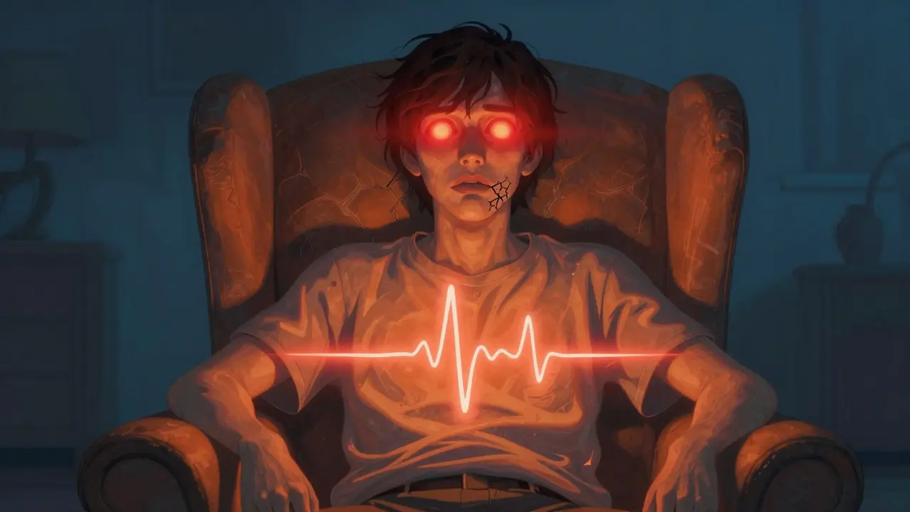 Abstraktní ilustrace fyzických příznaků jako červené oči a tep