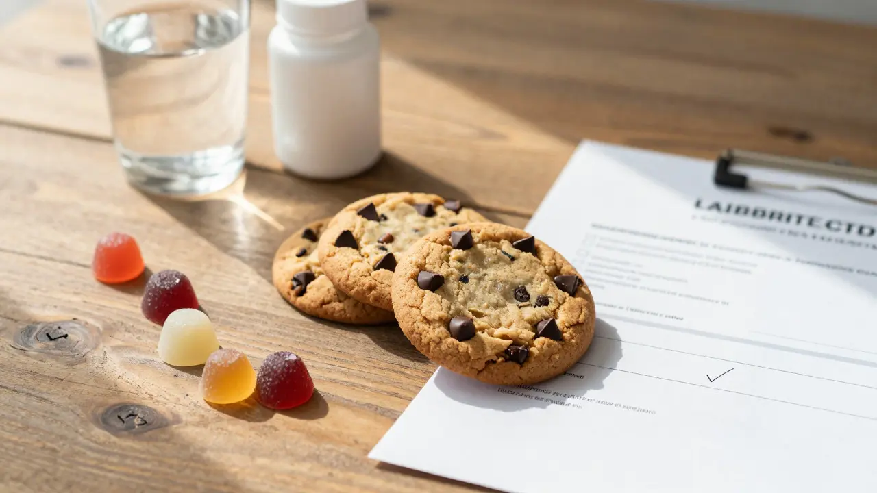 CBD sušenky na stole s certifikátem kvality a léky