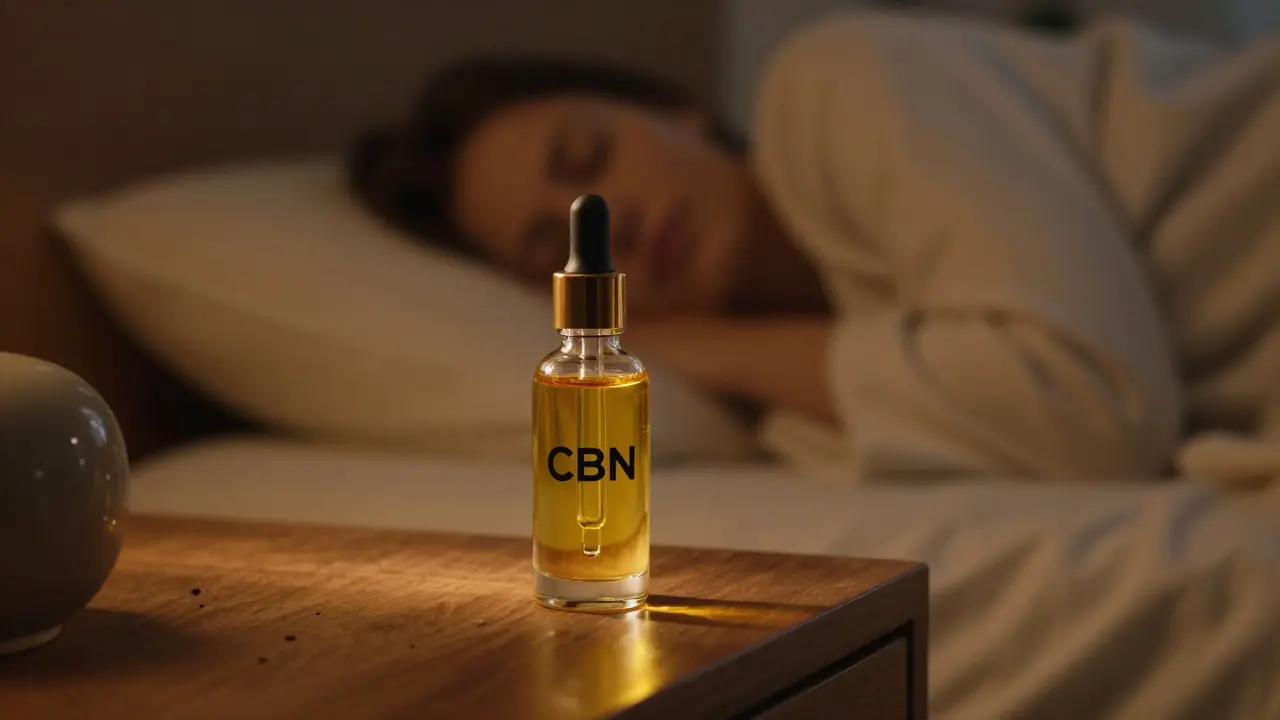 Elegantní lahvička oleje CBN v nočním prostředí