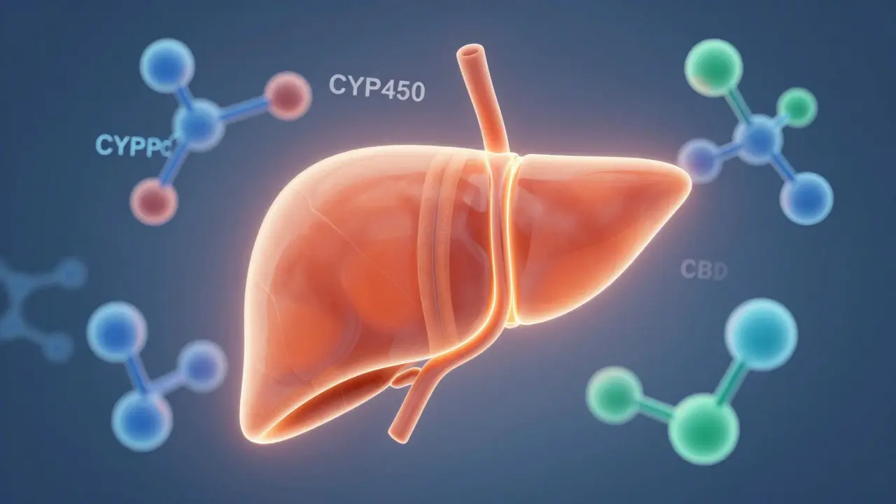 Ilustrace jater a molekul CBD při metabolismu