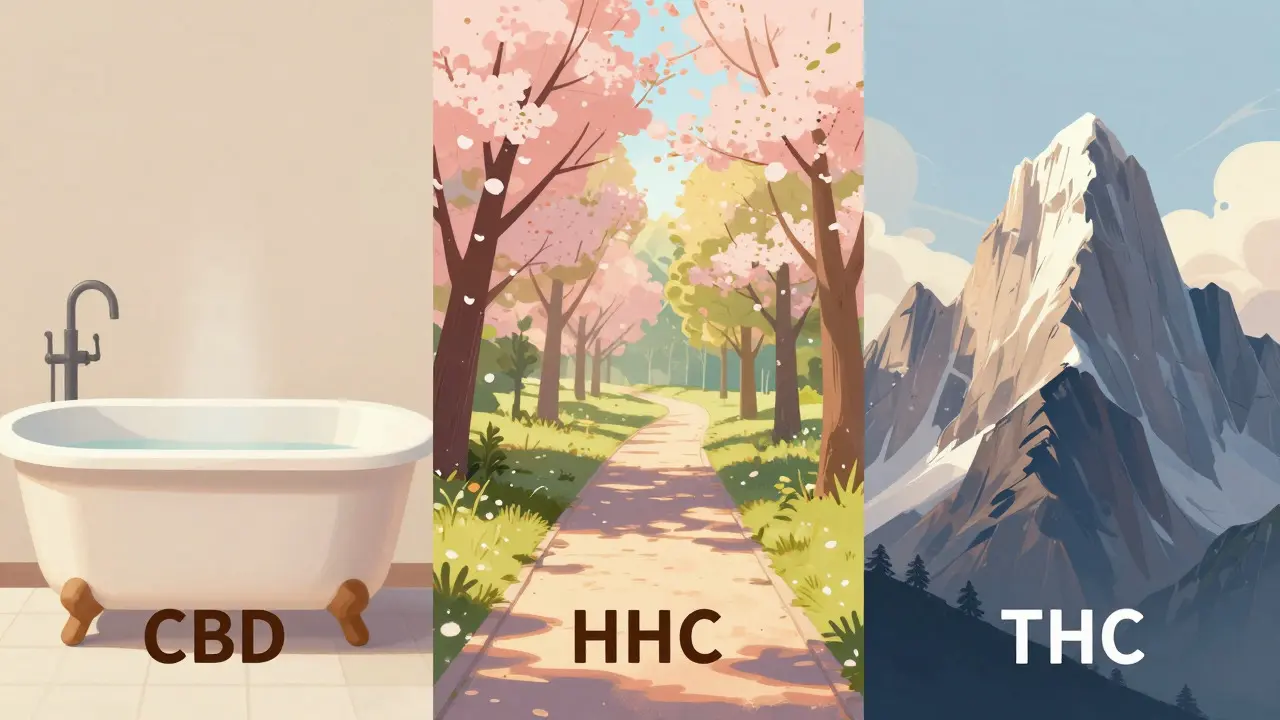 Ilustrace porovnávající účinky CBD, HHC a THC pomocí přírody