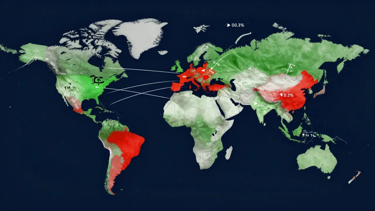 Konceptuální mapa světa zobrazující různé zákony ohledně CBD v zemích