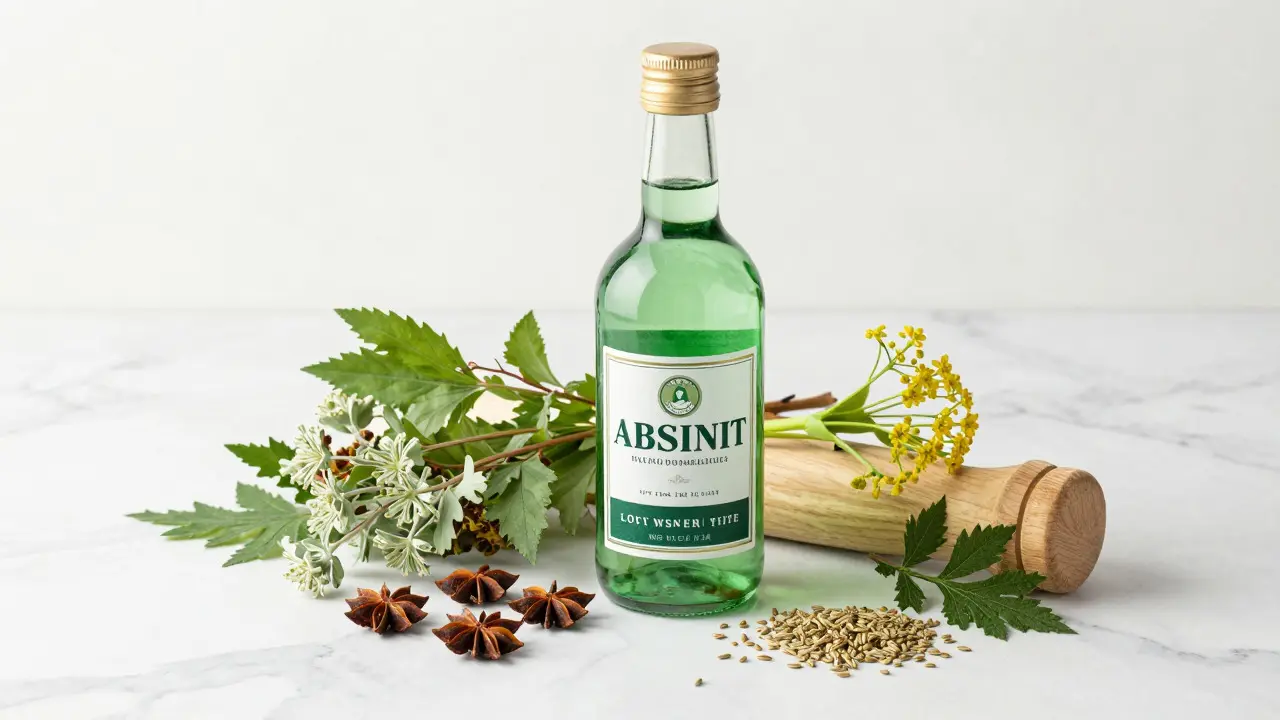 Láhev absintu s čerstvými bylinkami na mramoru