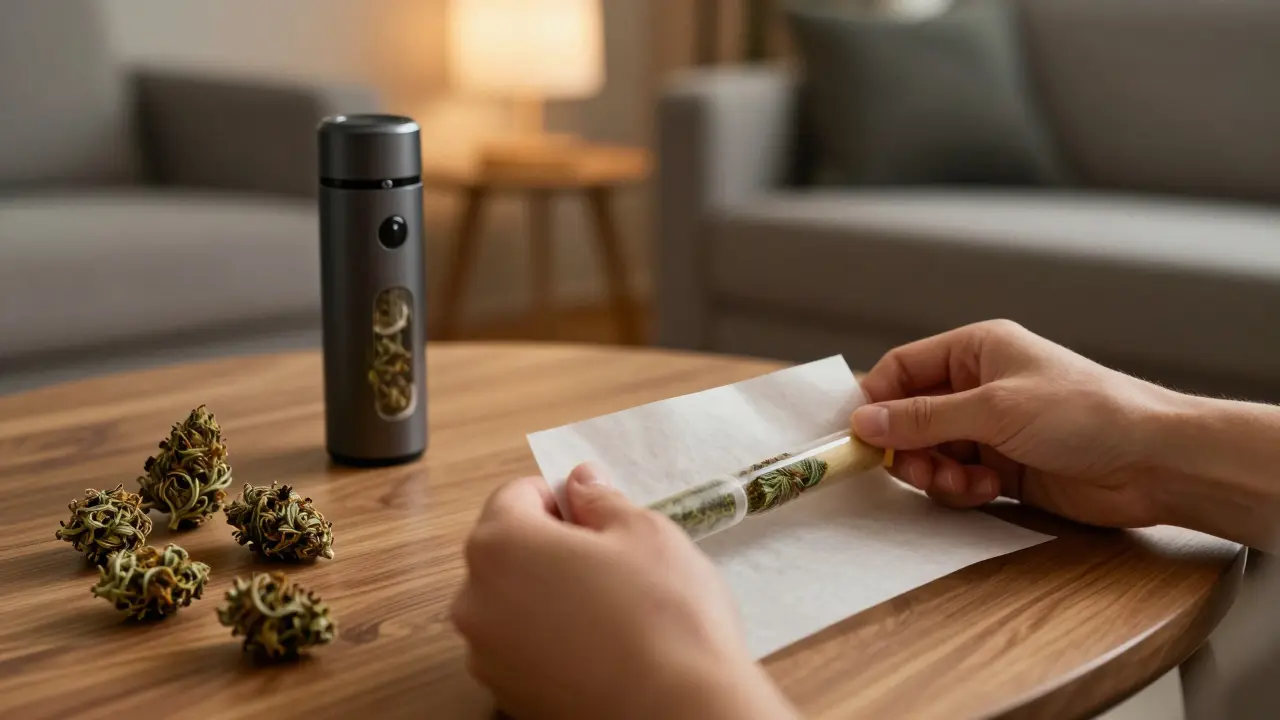 Ruce balící joint z H4CBD květů v moderním interiéru