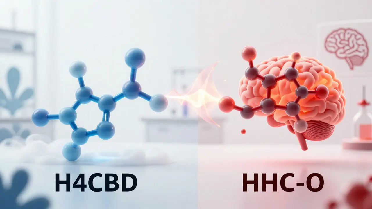 Srovnání molekul H4CBD a HHC-O: levá strana klidná a modrá, pravá dynamická a oranžová u mozku