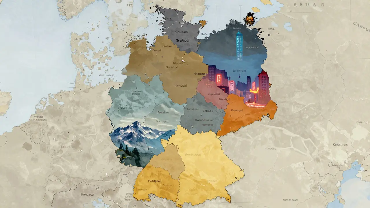 Umělecká mapa Německa zobrazující regionální rozdíly v kanabickém slangu od Bavorska po Berlín