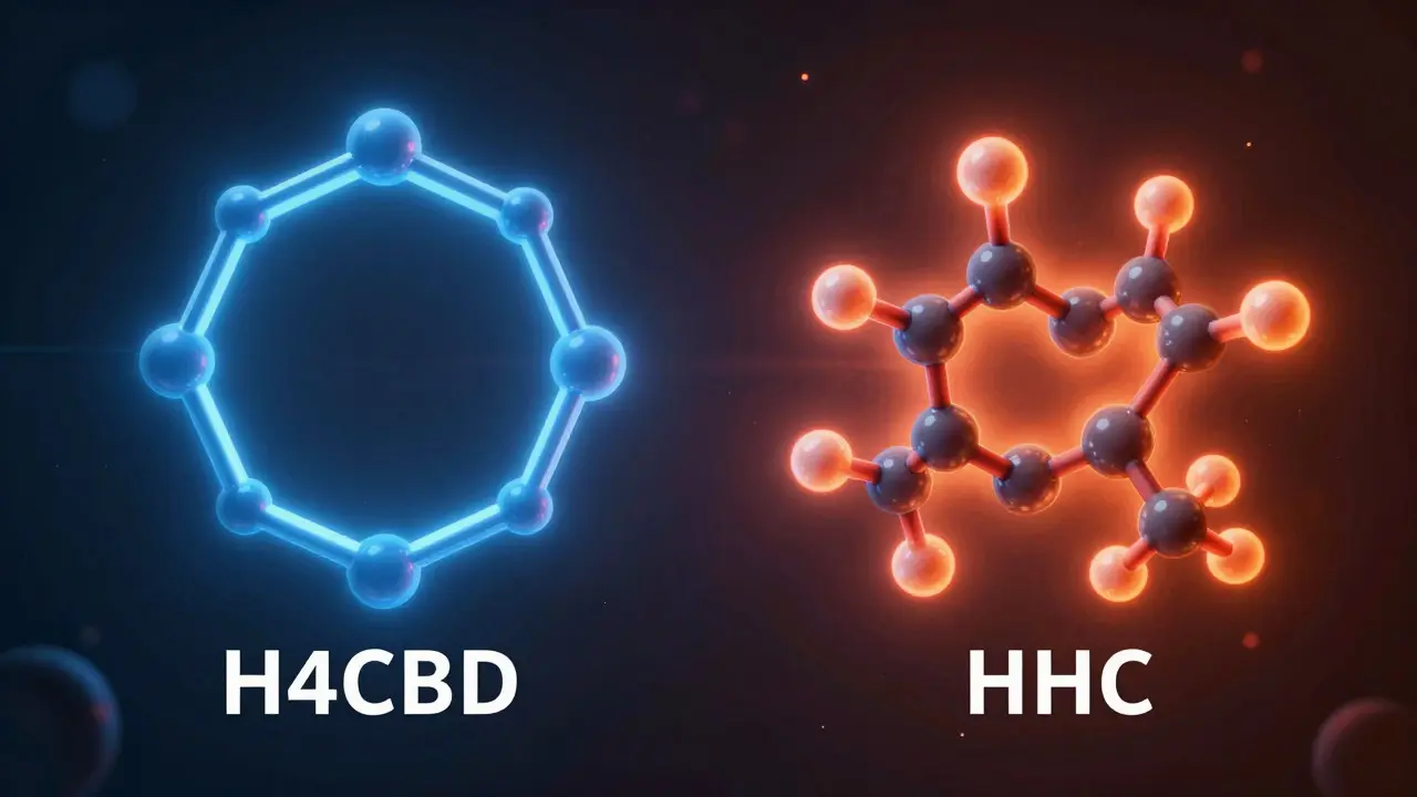 Abstraktní ilustrace molekulárních struktur H4CBD a HHC