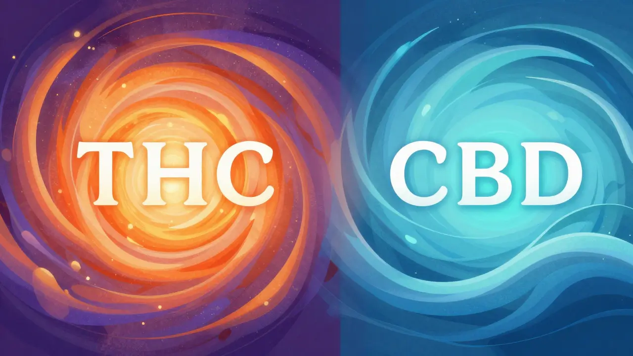 Abstraktní ilustrace rozdílu mezi účinky THC a CBD pomocí barevných vzorů