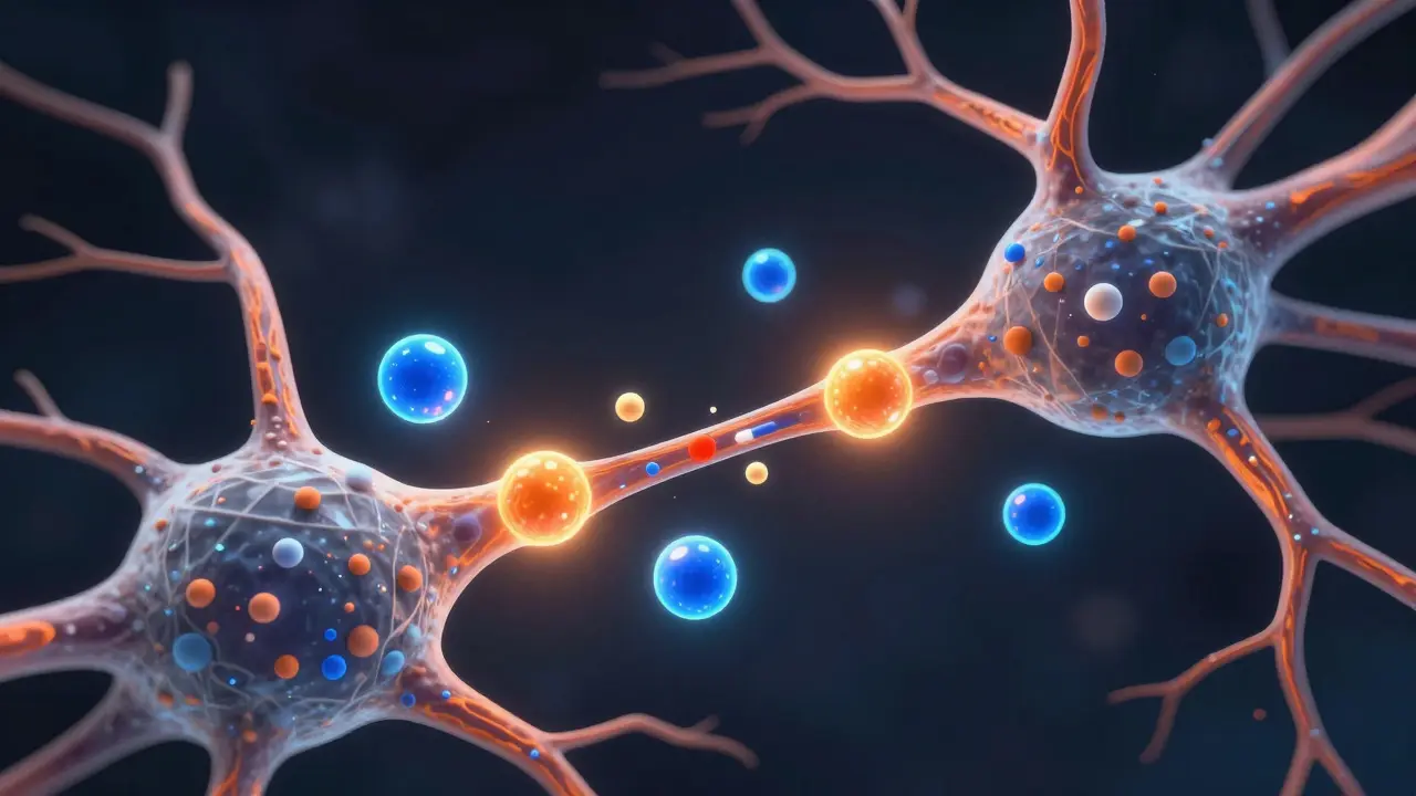 Abstraktní ilustrace synapsy s blokováním neurotransmiterů