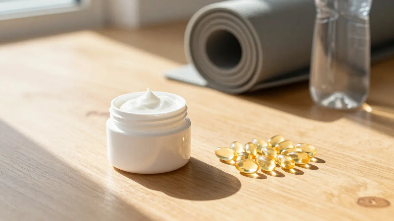 CBD gel a kapsle na dřevěném stole s doplňky po sportu