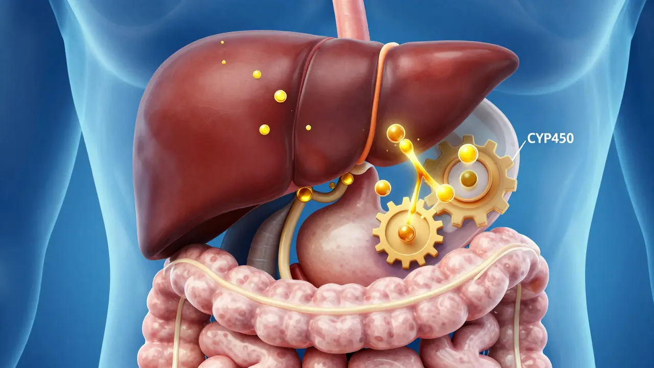 Illustration of CBD passing through the liver and digestive system