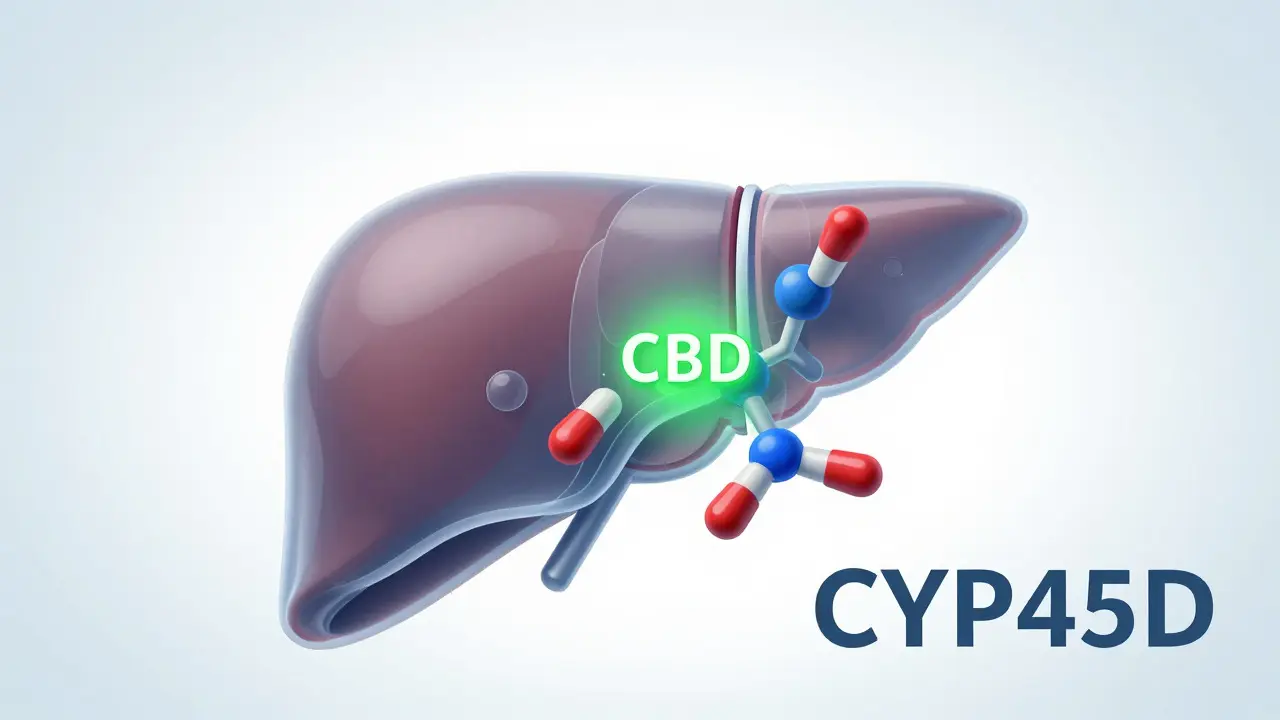 Ilustrace enzymu CYP450 blokového CBD molekulami v játrech