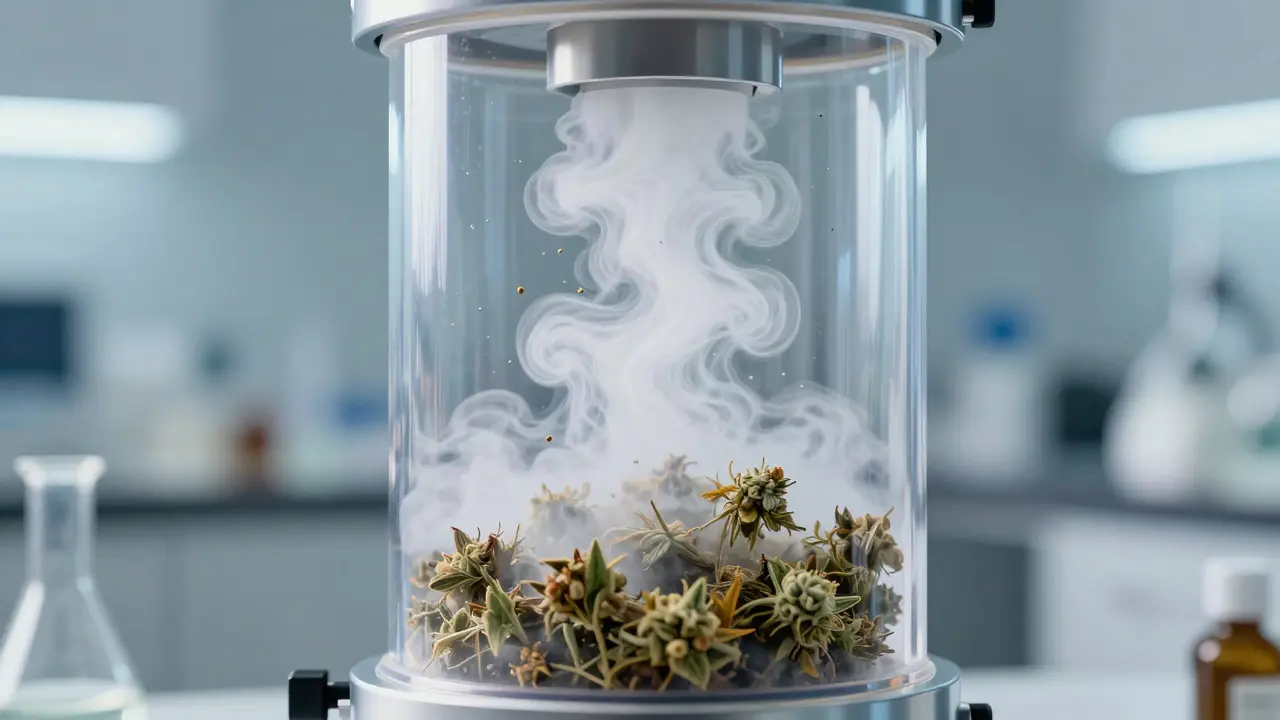 Ilustrace procesu CO2 extrakce v čistém laboratořním prostředí