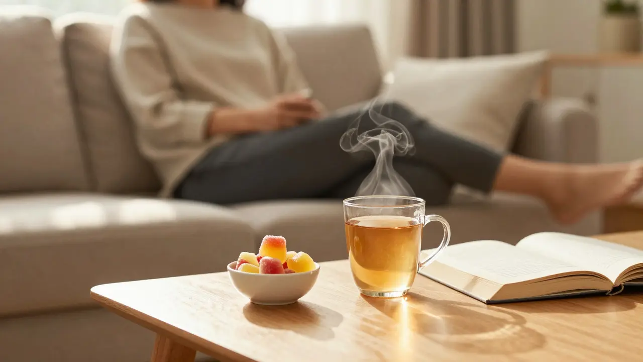 Klidná scéna relaxace s CBD gummy na stole v obývacím pokoji