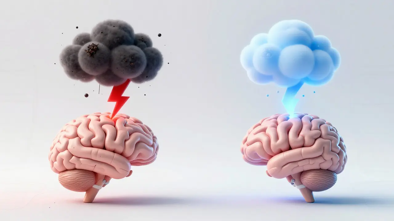 Konceptuální ilustrace ukazující rozdíl mezi rychlým přenosem nikotinu z cigaretového dýmu a jemným působením vape aerosolu na mozek.