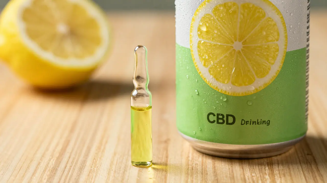 Kvapky CBD oleje vedle osvěžujícího nápoje