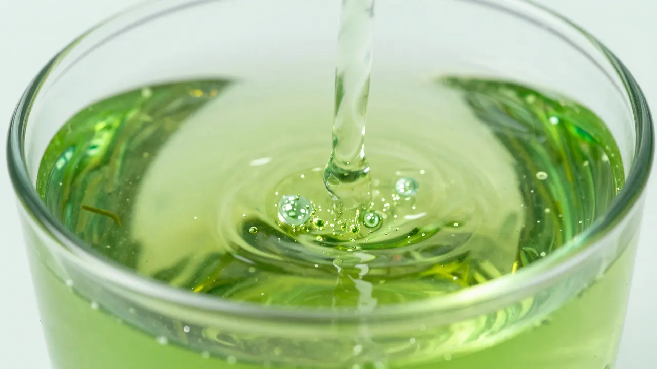 Makro záběr nanoemulze THC v zeleném nápoji