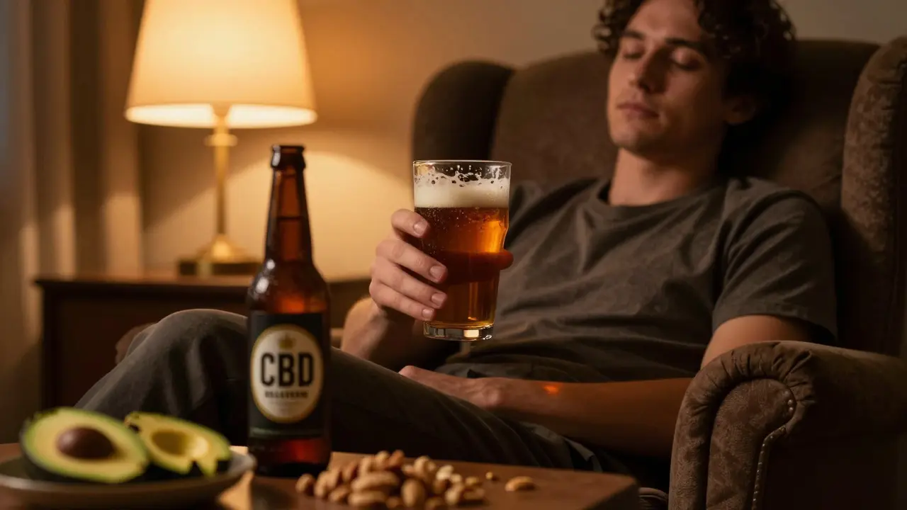 Osoba relaxující s pivem a zdravým jídlem večer