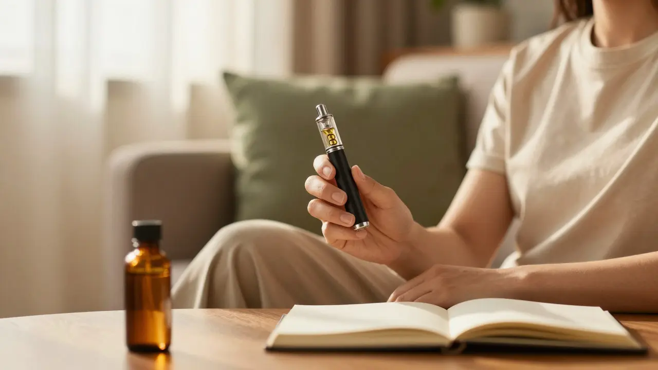 Osoba relaxující s vapem v slunné obývací místnosti