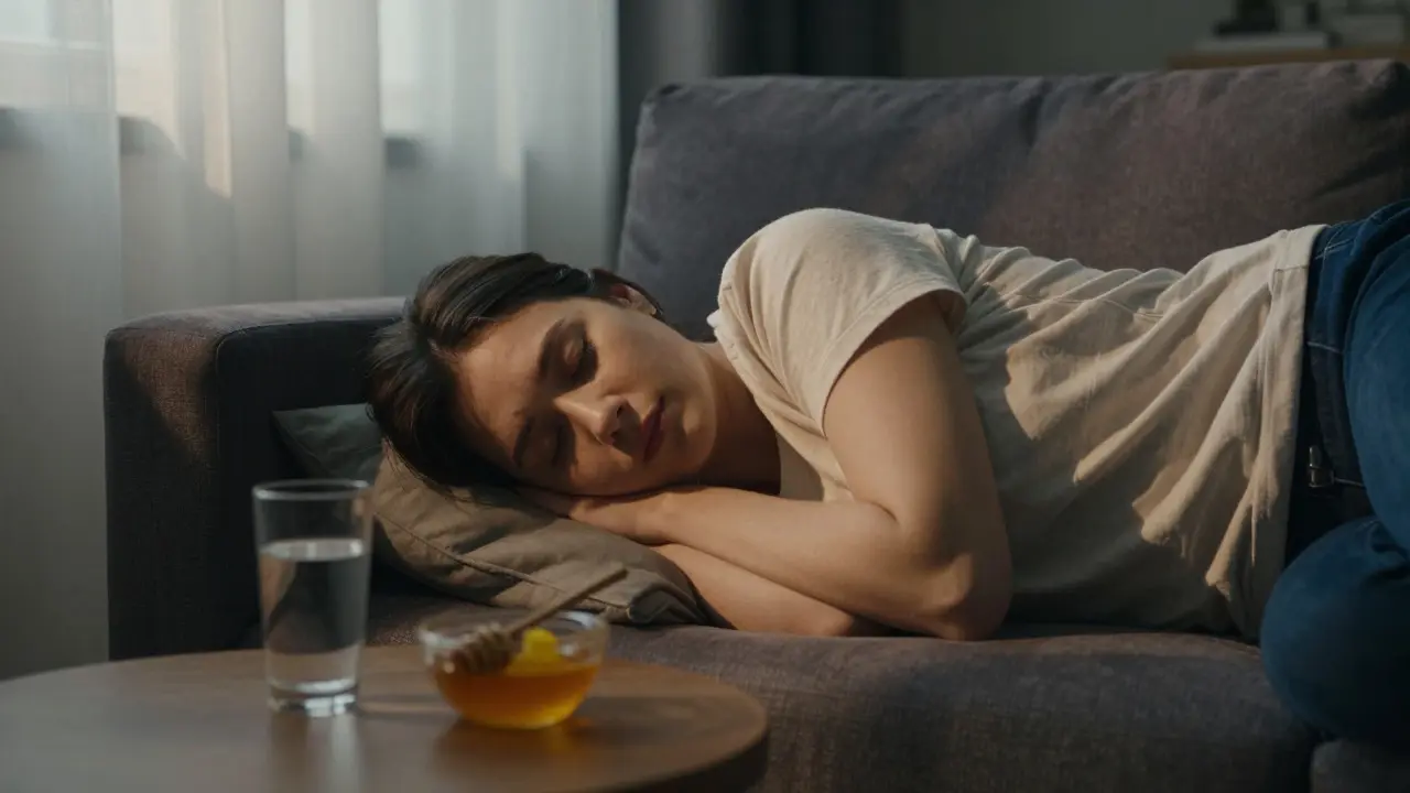 Person resting on a sofa with water nearby during recovery