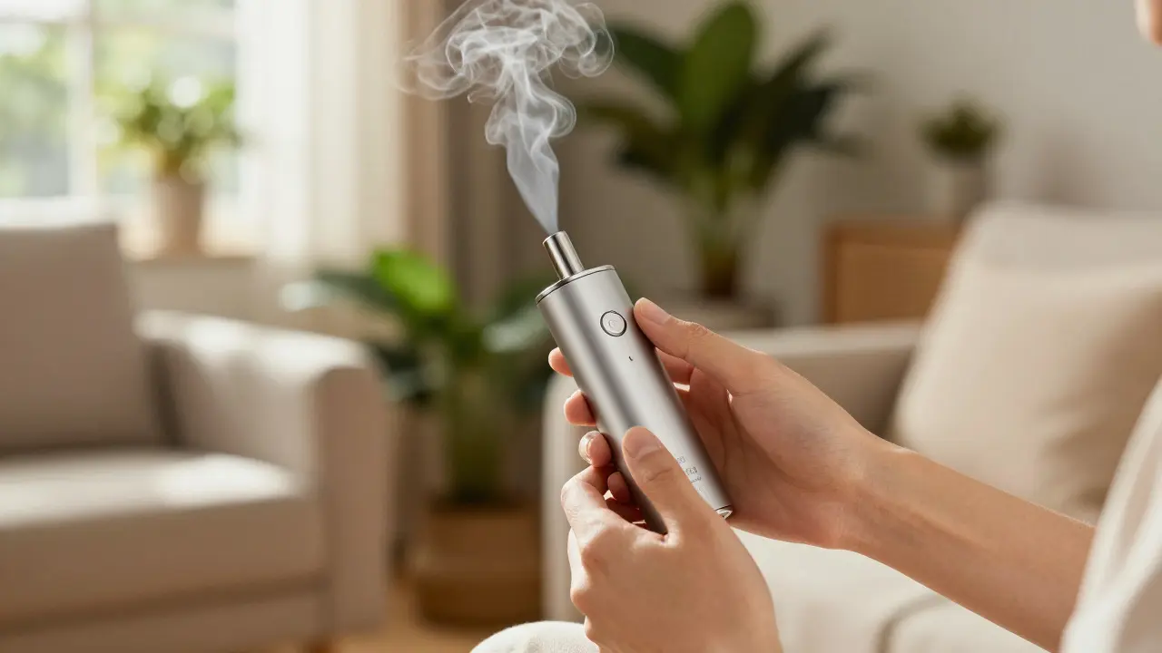 Ruka držící elektronický vaporizér v osvětlené místnosti