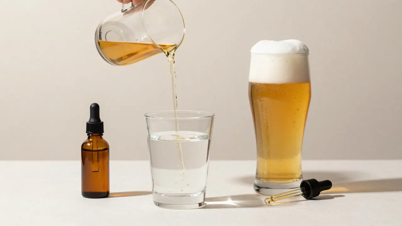 Různé konopné nápoje včetně sirupu, piva a olejku v minimalistickém uspořádání