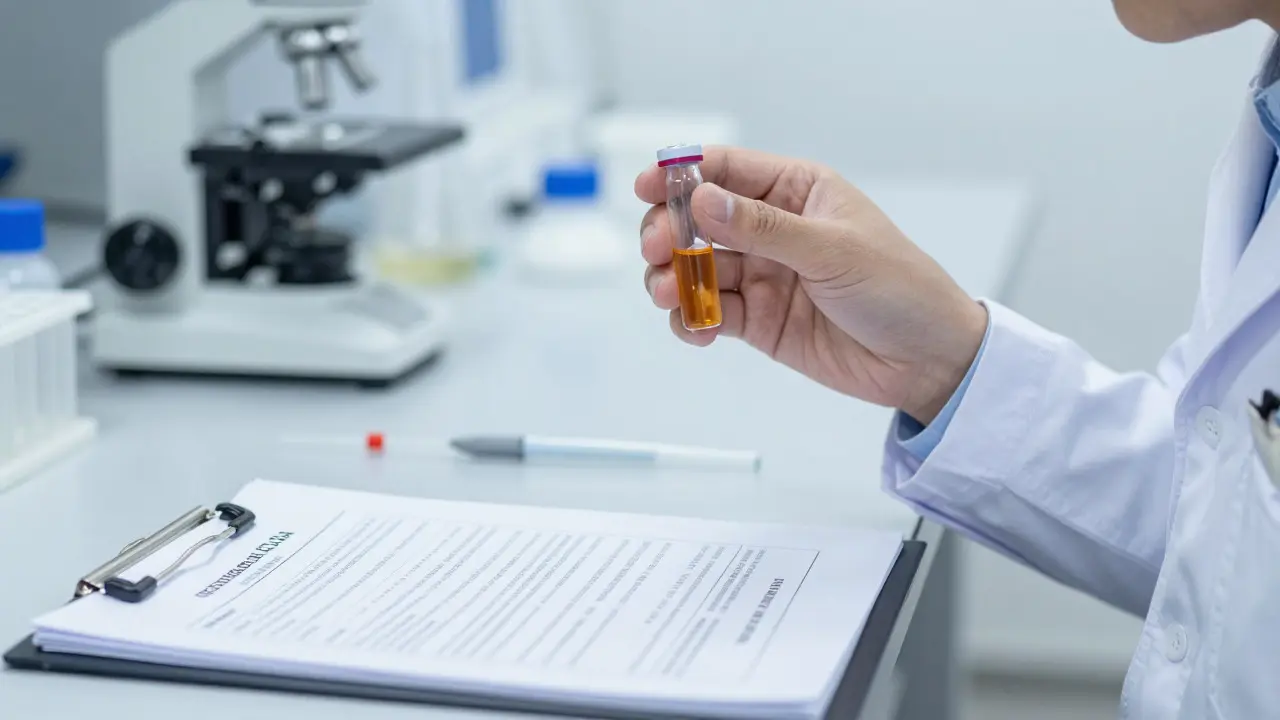 Scientist examining a vial of amber liquid in a laboratory setting, symbolizing quality control