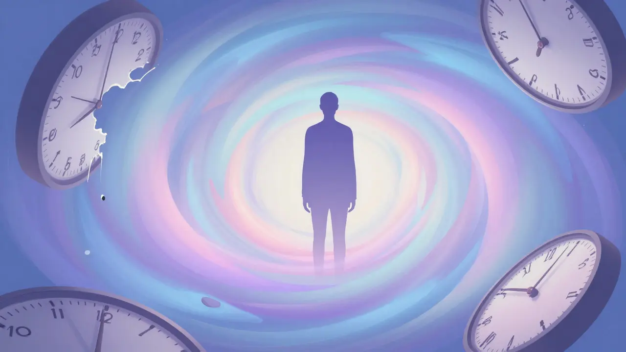 Surreal illustration of a person standing in a colorful swirl representing distorted time perception