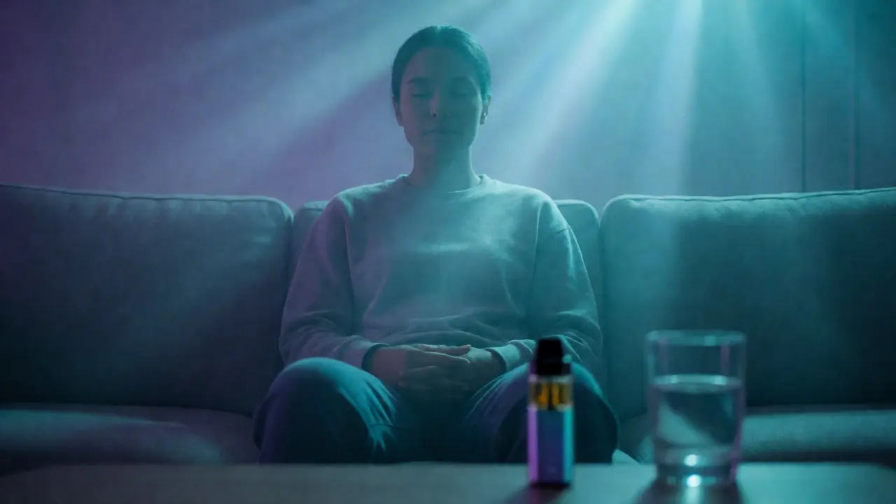 Uvolněná osoba relaxující po vapingu v klidném prostředí