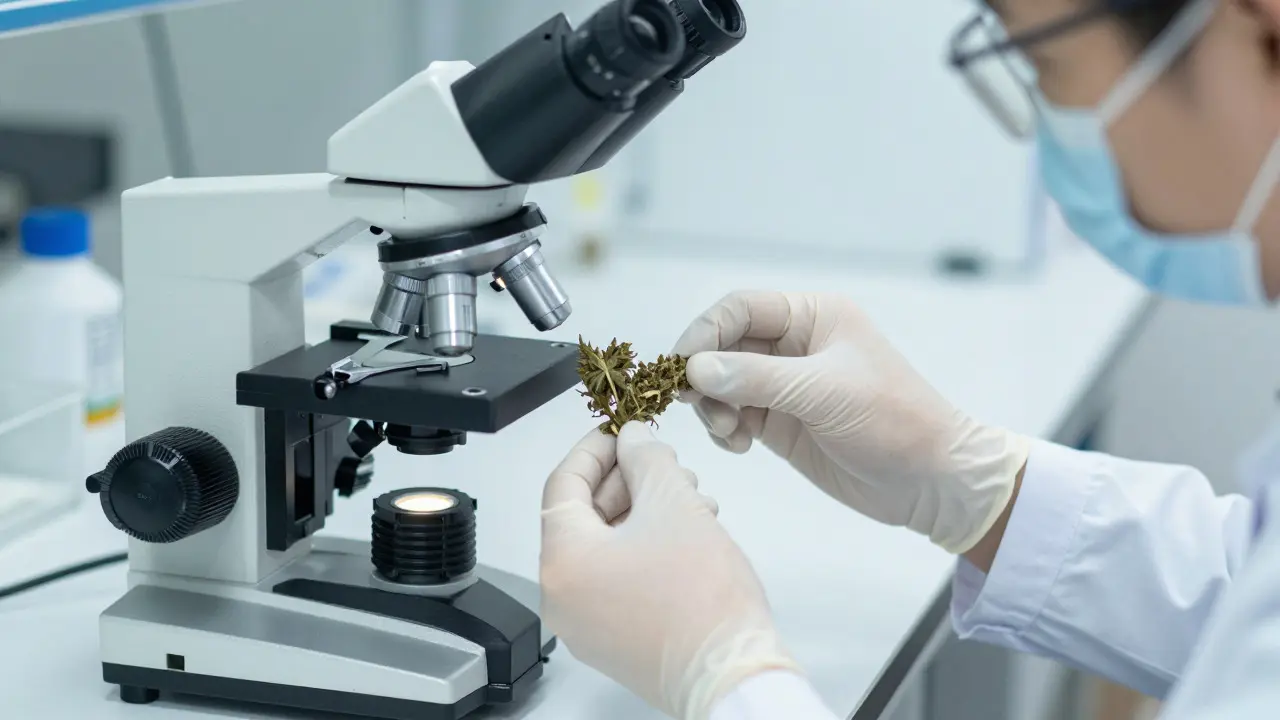 Vědec zkoumá vzorek konopí pod mikroskopem v laboratoři