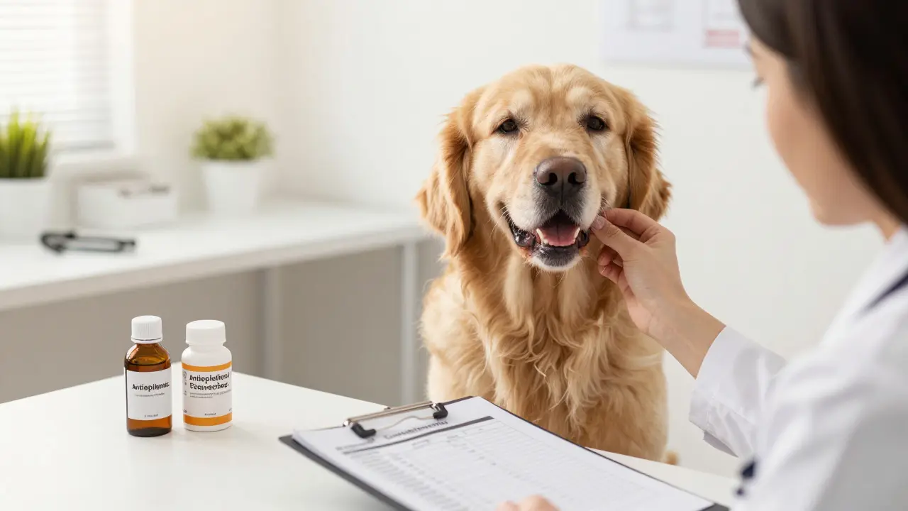 Veterinář kontroluje dásně psa při konzultaci o kombinaci léků a CBD