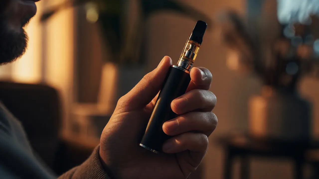 Detail ruky držící vape zařízení v intimním večerním osvětlení
