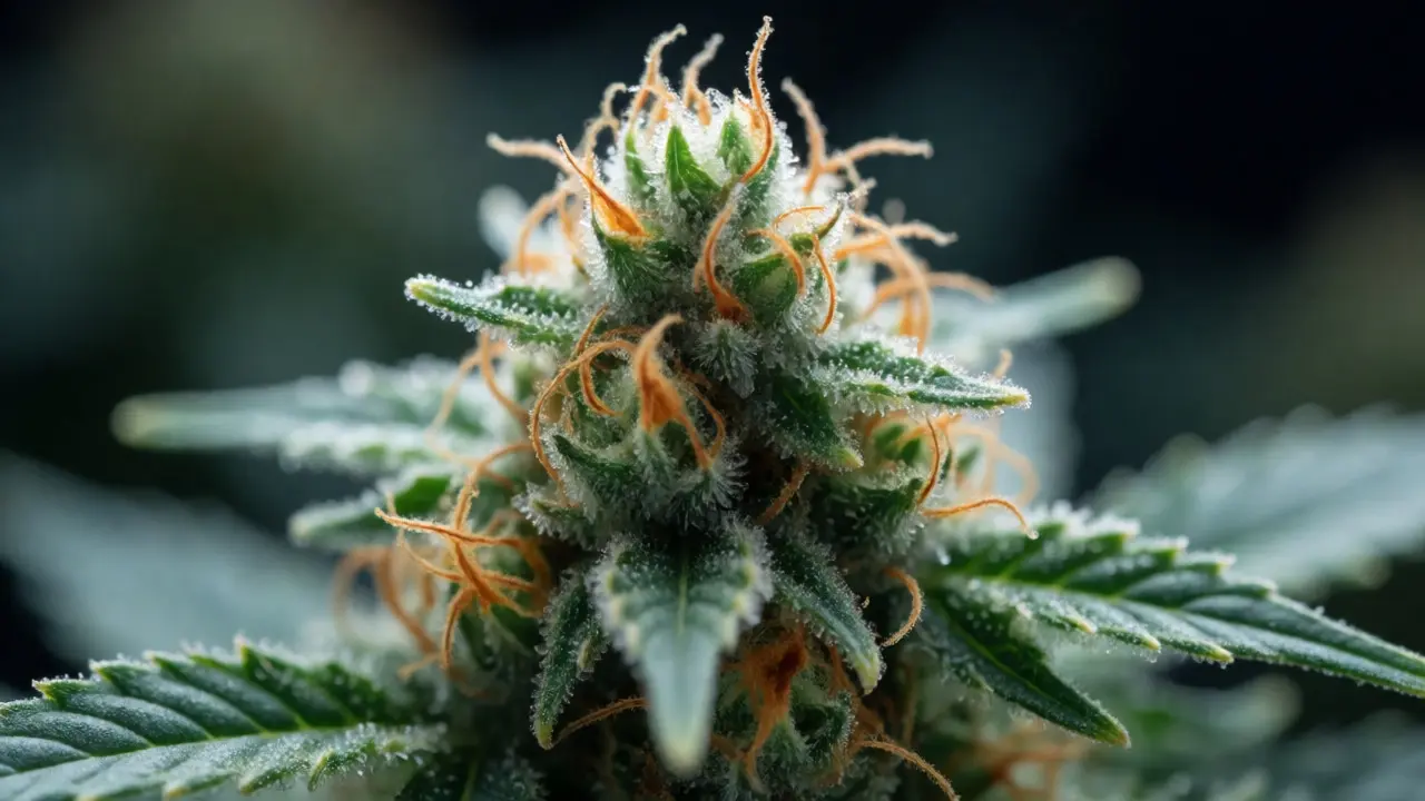 Detailní makro snímek konopného květu s viditelnými trichomy a pistily