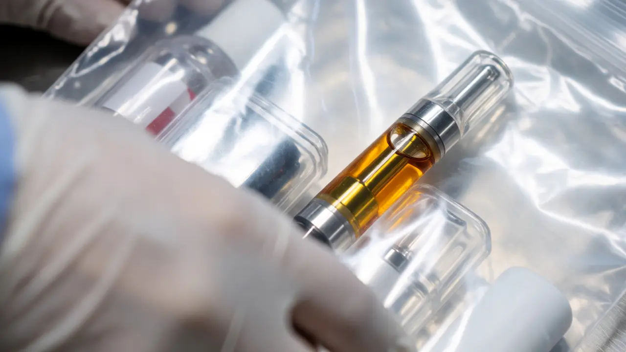 Detailní pohled na vape náplň v bezpečnostním sáčku při kontrole