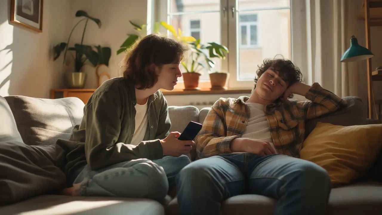 Dva přátelé na gauči, jedenEmpatický pohled, klidná denní scéna