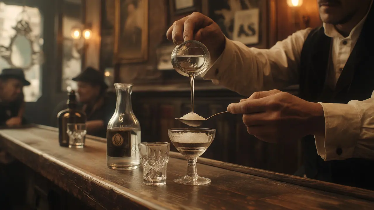 Historická scéna pomalého pouštění vody do absintu