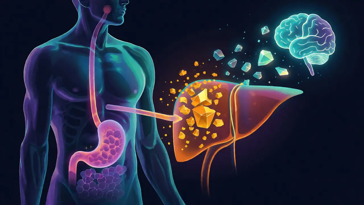 Ilustrace přeměny THC v játrech na silnější metabolit pro mozek