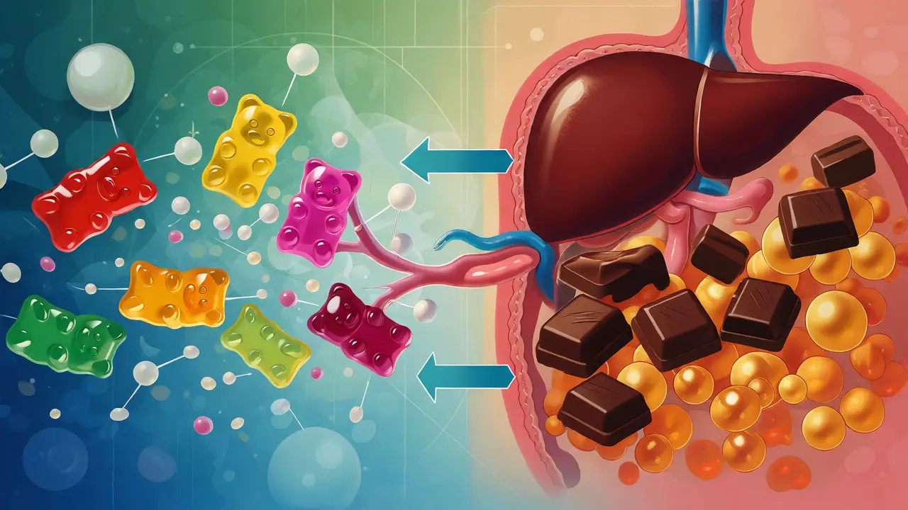 Ilustrace trávení: rychlý rozklad gummies vs. pomalý tuk z čokolády