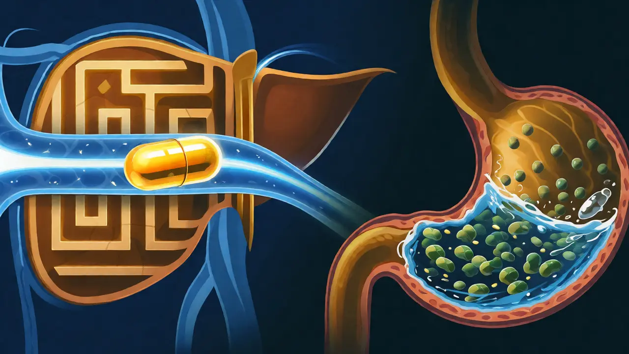 Konceptuální ilustrace cesty CBD do krve versus trávení po polyknutí.