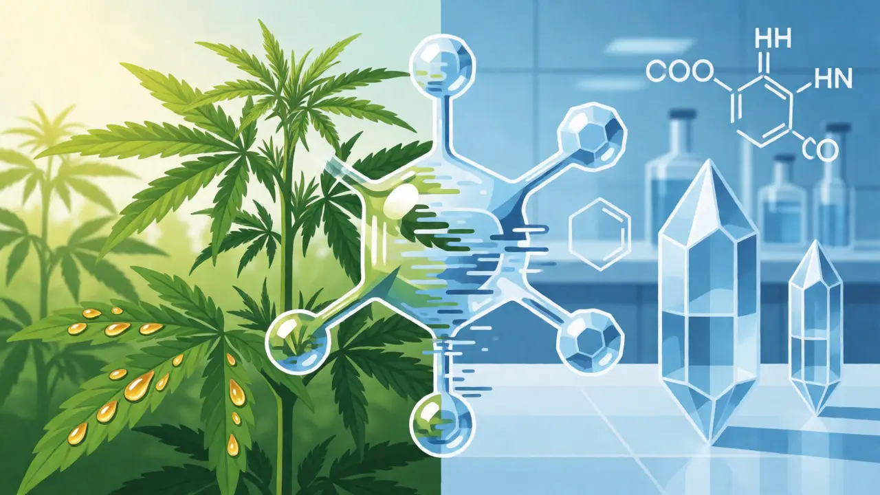 Konceptuální ilustrace spojující přírodní konopí a laboratorní syntézu CBD.