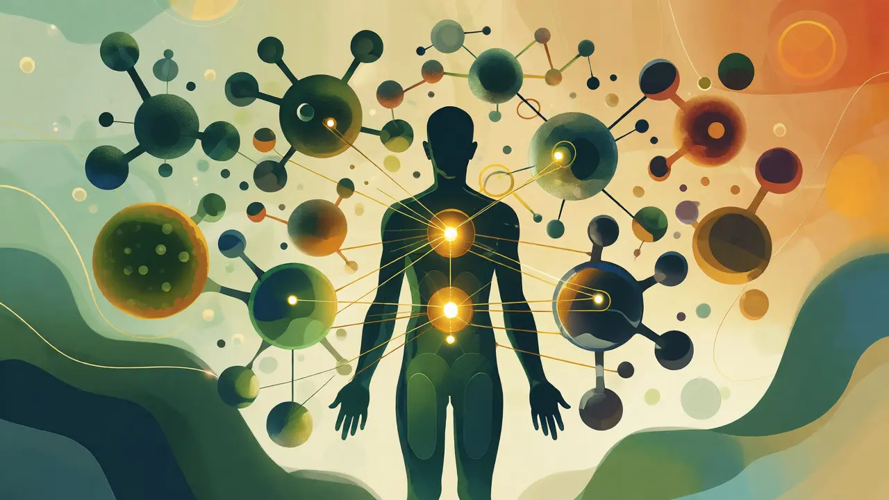 Konceptuální ilustrace synergického efektu kanabinoidů a terpenů na tělo.