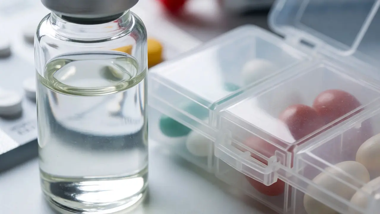 Lahvička s čistým CBD izolátem vedle léků v laboratorním prostředí