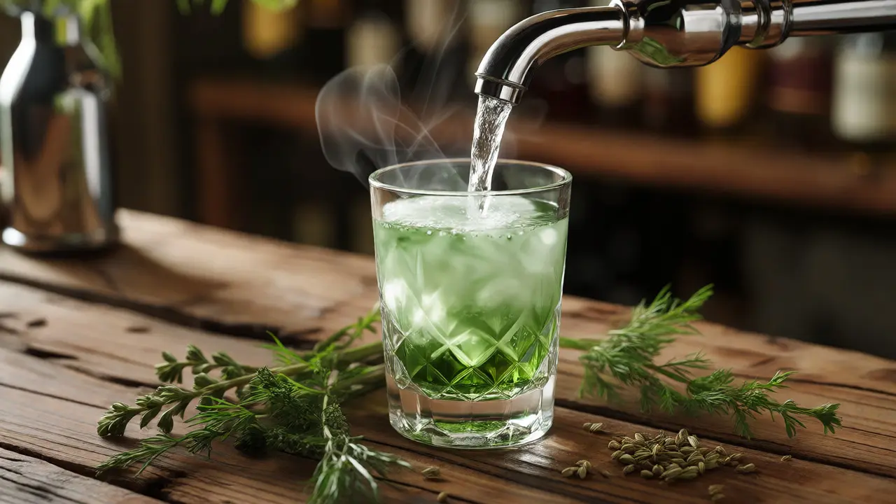 Moderní příprava absintu s louche efektem na dřevěném baru