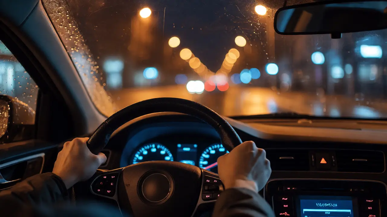 Pohled řidiče na mokrou noční ulici z interiéru auta s rukama na volantu.