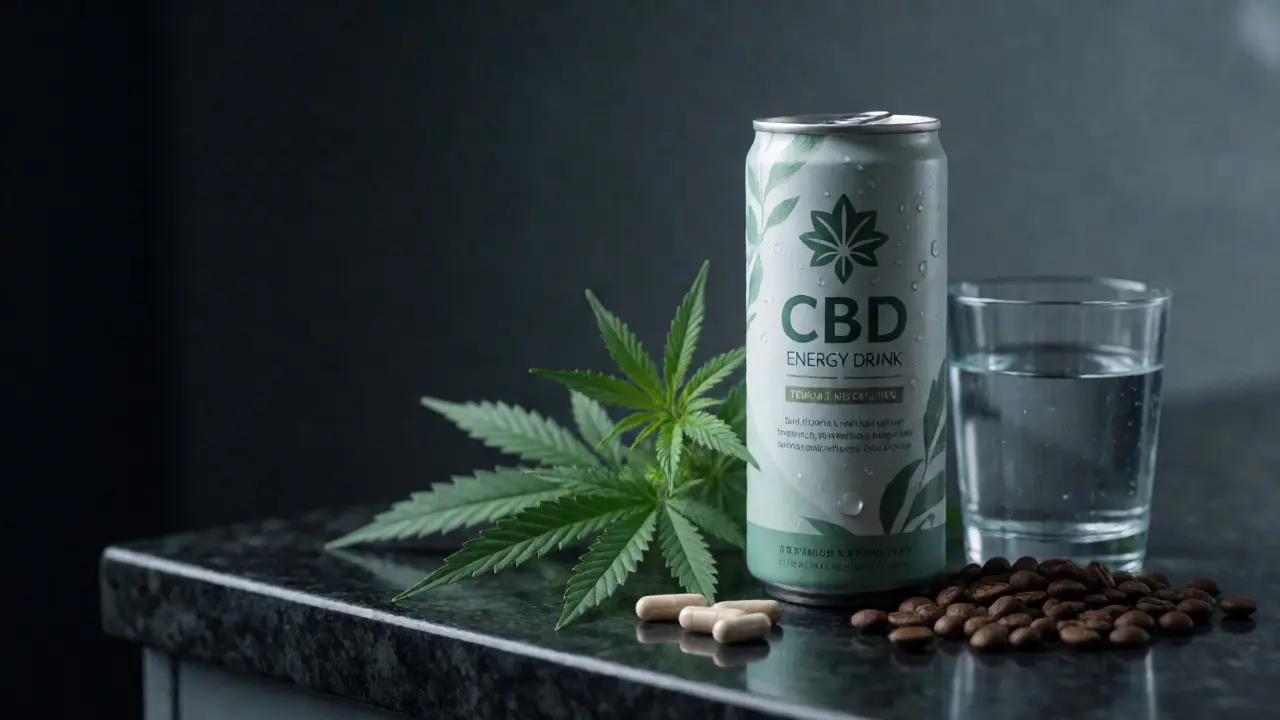 Premium plechovka CBD nápoje s kapkami vody a konopnými listy na tmavém pozadí.